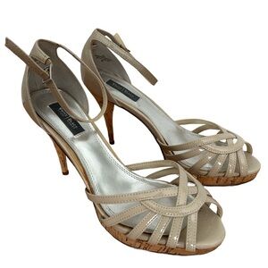 White House Black Market Bone Colored Strappy Sandals w/ Corkscrew Heel Detail.